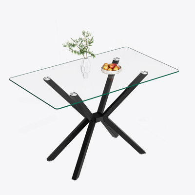 Table de salle à manger de 47,24 po rectangulaire en verre trempé transparent, design élégant avec pieds en métal noir, table de cuisine pour la salle à manger