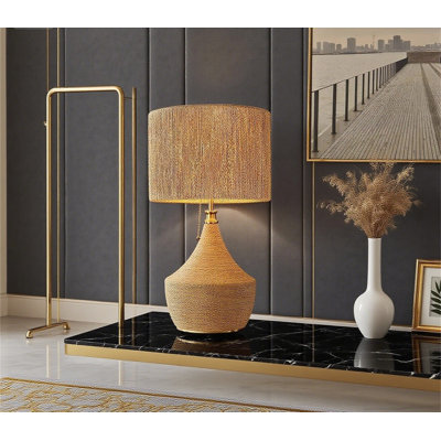 Boho Table Lamp With Rattan Shade - Handmade Woven Farmhouse Nightstand Light For Bedroom Living Room End Table - Pull Chain Switch E26 Socket