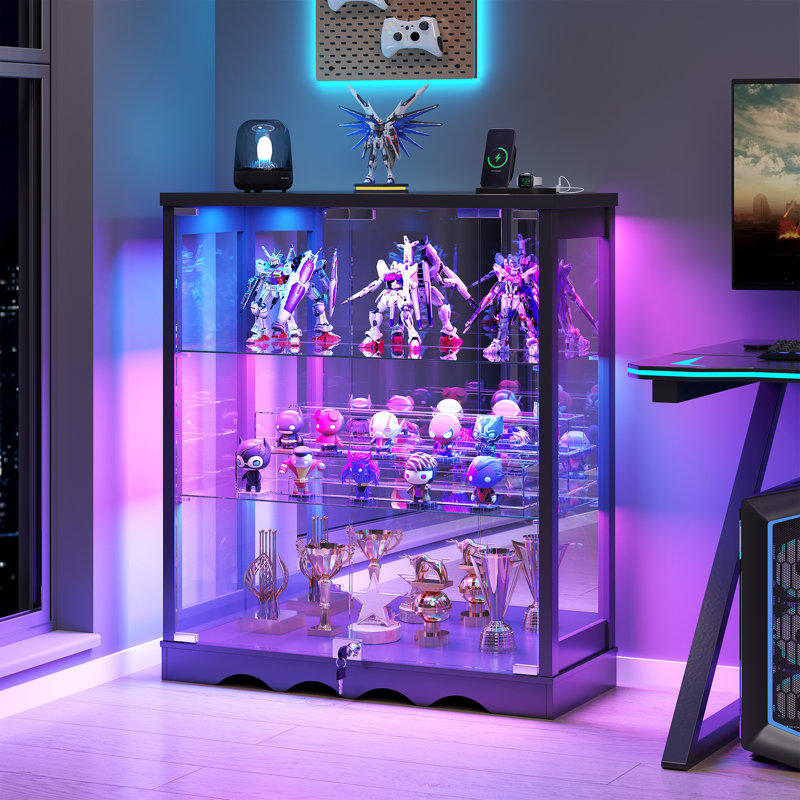 31"W 3-Tier Glass Display Cabinet with RGB Lights & Human Body Sensor, Black