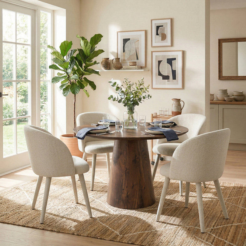 46" Round Dining Table Set For 4 With Upholstered Armchairs And Pedestal Base, White