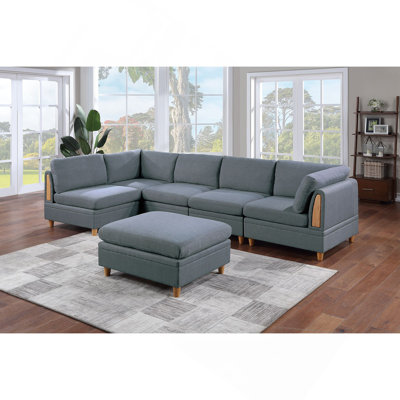 Contemporary Living Room Furniture 6Pc Modular Corner Sectional Set Steel Dorris Fabric Couch 2X Wedges 3X Armless Chair And 1X Ottoman