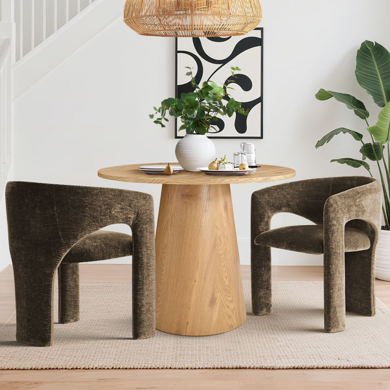 35" Round Pedestal Dining Set With Upholstered Chairs, Brown, Oak