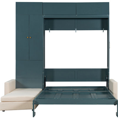 Bed Queen Size With And Shelving, Panel, Beige , Space - Saving Solution For Small Apartments, Easy To Move Bed, Industrial Grade Materials Storage, All In One Spaces, Comfortable Mattress Support,