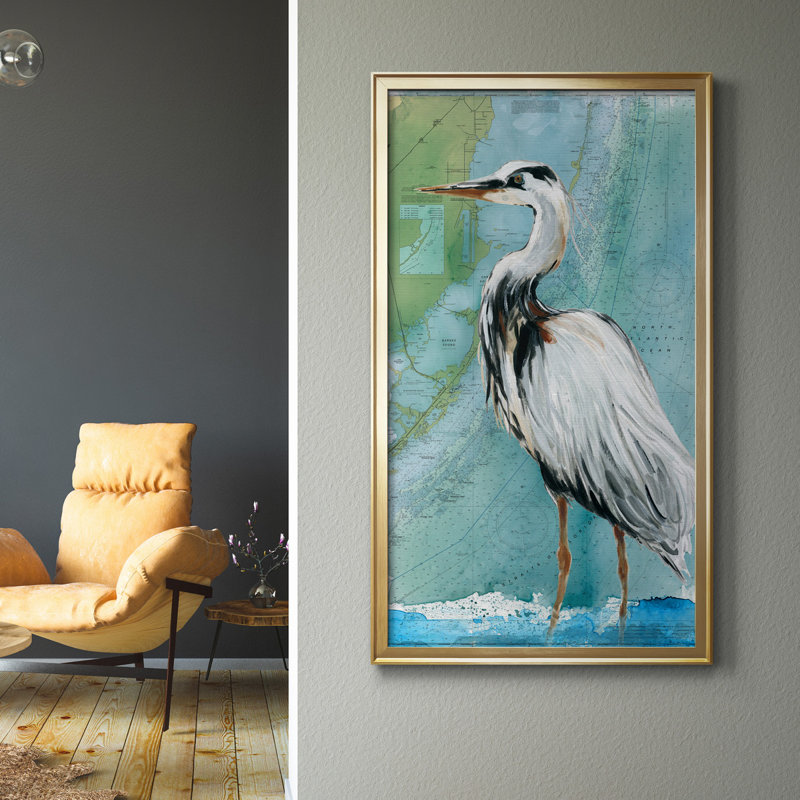Biscayne Bay Crane - peinture sur toile encadrée, H 22,5 po x l 42,5 po x P 1,5 po, Cadre doré
