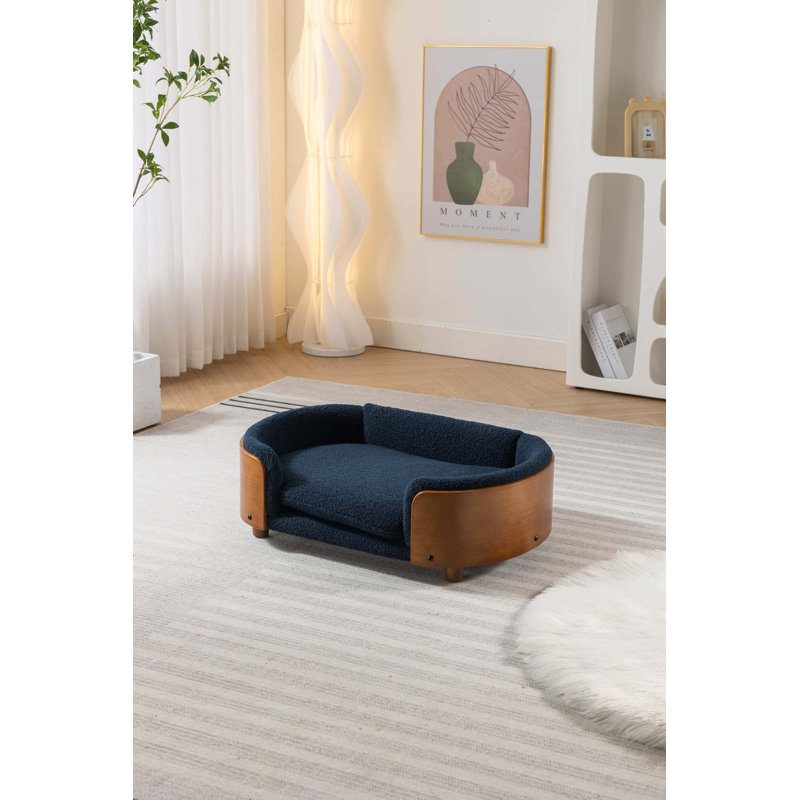 Canapé pour chien en bois massif Inira, L 26,38 po x P 16,14 po x H 9,84 po, Bleu foncé / noyer