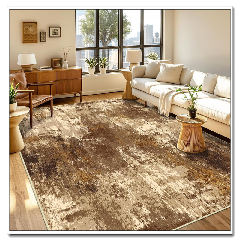 Tides Series 8'X10' Area Rug - Washable Non-Slip (Dark Black Gold) Modern Abstract For Office, Brown
