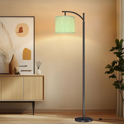 Arc Floor Lamp with Adjustable Lampshade Elegant Green Damask Raised Embellishments Standing Lamp 3 Colour Temperatures Dimmable Tall Pole Lamp with Foot Switch for Bedroom