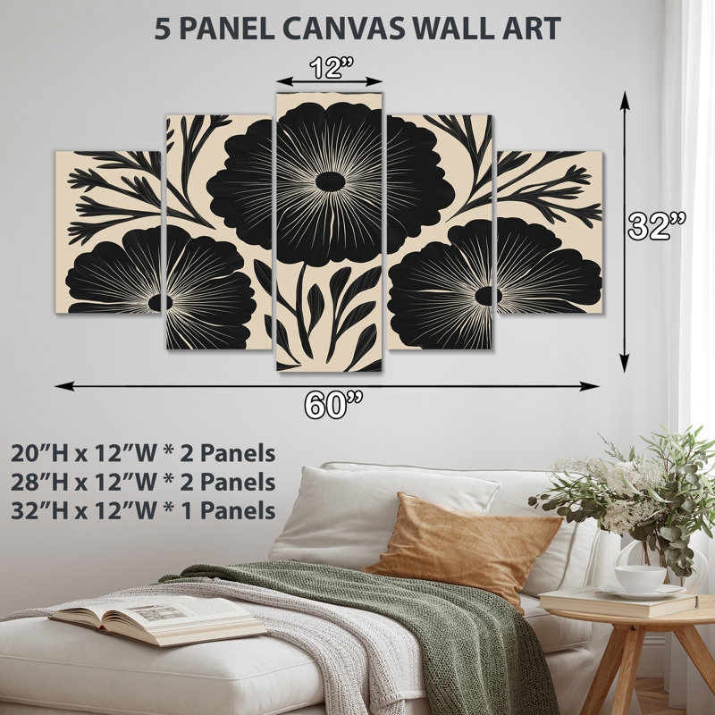 Bleuet Meadows dans des tons de noir et de beige - bleuet, art mural, impression sur toile à motif floral noir 5 panneaux