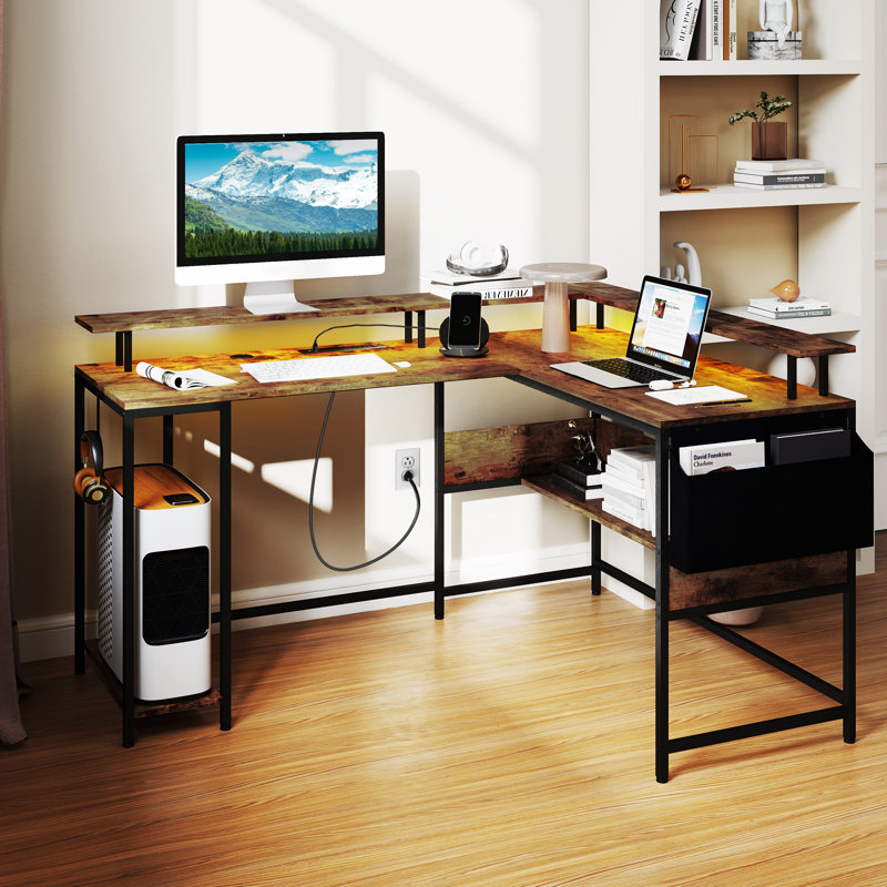 L-Shaped Gaming Desk w/ LED Lights & Power Outlets Monitor Stand Fabric Bag, Brown