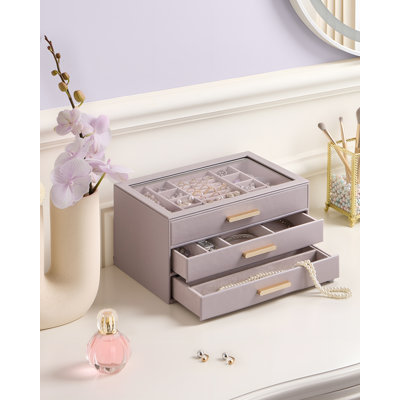 Organisateur de boîte à bijoux, étui de rangement à 3 couches avec anneau de fenêtre en verre et porte-collier
