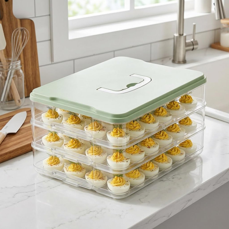 3-Layer Deviled Egg Containers with Lid,Plastic Egg Container for Refrigerator with Handle,Deviled Egg Carrier for 72 Eggs,Kitchen,Festival Party, Stackable Egg Holder for Fridge