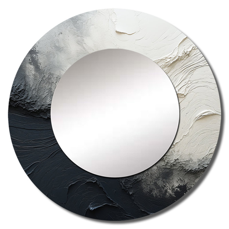 Minimalisme noir et blanc peinture vague I - miroir mural unique Coastal, miroir rond crème, impression d'art en métal