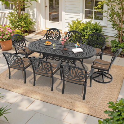 8-Person Rectangular Cast Aluminum Patio Dining Set with 2 Swivel Chairs & Cushions & Umbrella Hole
