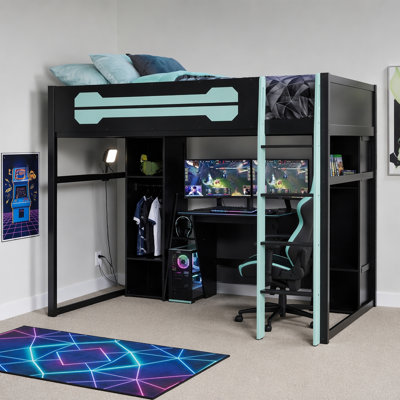 Full-Size Wooden Gaming Loft Bed with Desk and Storage, RGB LED Light, USB Charging Station, Built-in Wardrobe & Cabinets, Space-Saving Loft Bed Frame for Bedroom-Blue