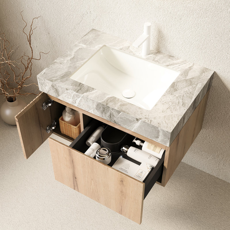 Meuble-lavabo flottant en contreplaqué de 30 po, comptoir en pierre frittée grise, cuve en céramique, 1 trou de robinet pré-percé, couleur chêne blanc, style élégant, rangement généreux, tiroir à fermeture en douceur, système