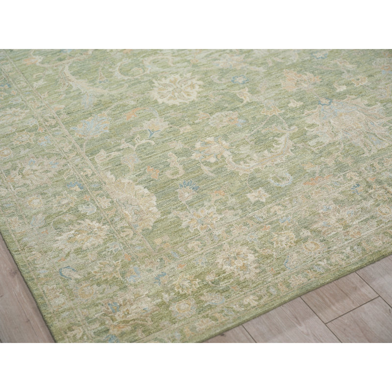 Santorini hand-knotted Wool/Silk Green Area Rug, Light Silver, Rectangle 8' x 10'