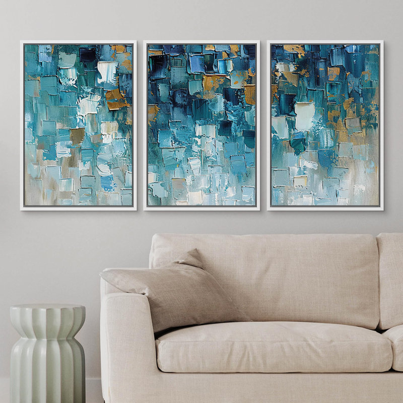 «Cerulean Cityscape», 3 pièces sur toile, Cadre flottant blanc, H 36 po x l 72 po
