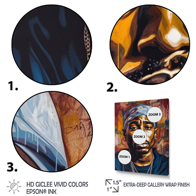 Tupac King Of Rap I - Celebrity Wall Art Living Room, H 44 po x l 34 po, Cadre flottant doré
