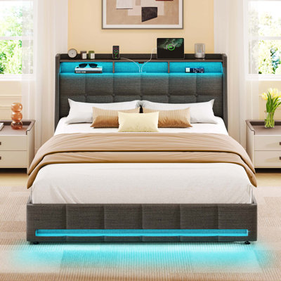 Upholstered Platform Bed Frame with Wingback Headboard, LED Lights & 4 Storage Drawers