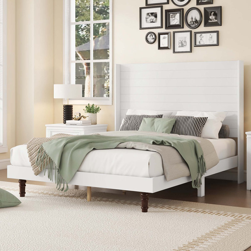Stylish High Headboard Platform Bed, White, Queen