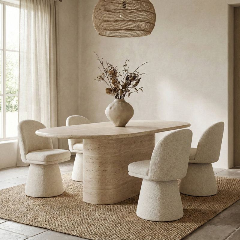 Upholstered Fabric 360° Swivel Dining Chair, Cream