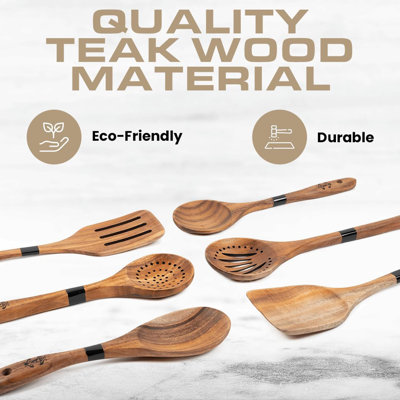 Ensemble d'ustensiles de cuisine en bois de teck 11 pièces - Outils de cuisine antiadhésifs, anti-rayures et résistants à la chaleur avec support