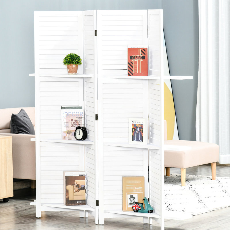 Paravent 67 po en bois à 4 panneaux, 3 tablettes, pliable pour le bureau / chambre à coucher, tablettes blanches et bureau / chambre à coucher,