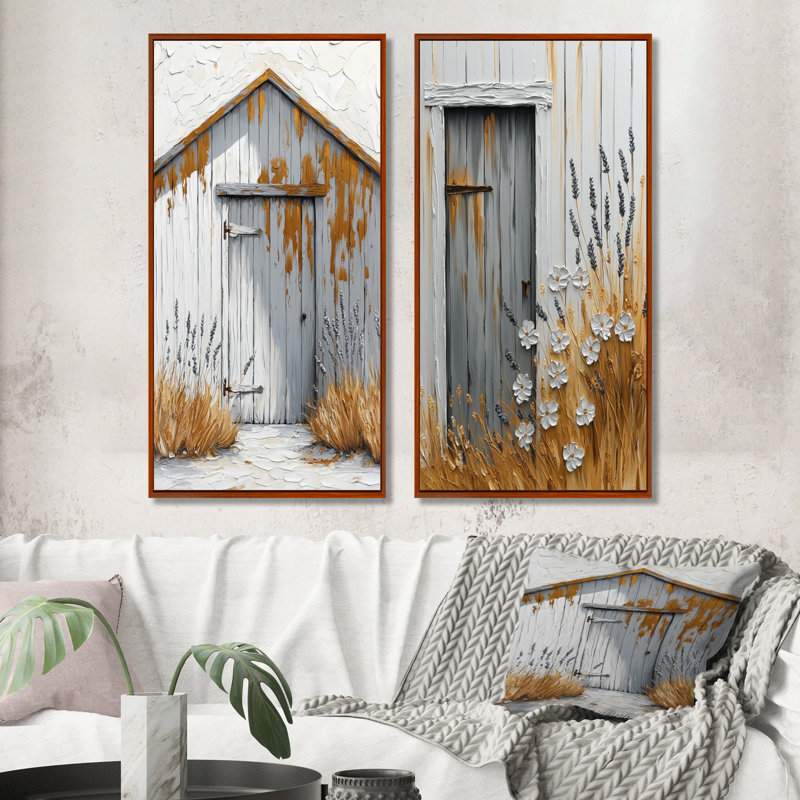 «Country Charm I» - ensemble d'art mural paysage de ferme 2 pièces, H 28 po x l 24 po, Cadre flottant brun