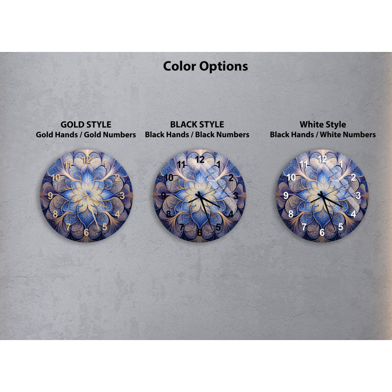 Horloge murale symétrique kaléidoscope en verre trempé à motif floral bleu et doré, Blanc