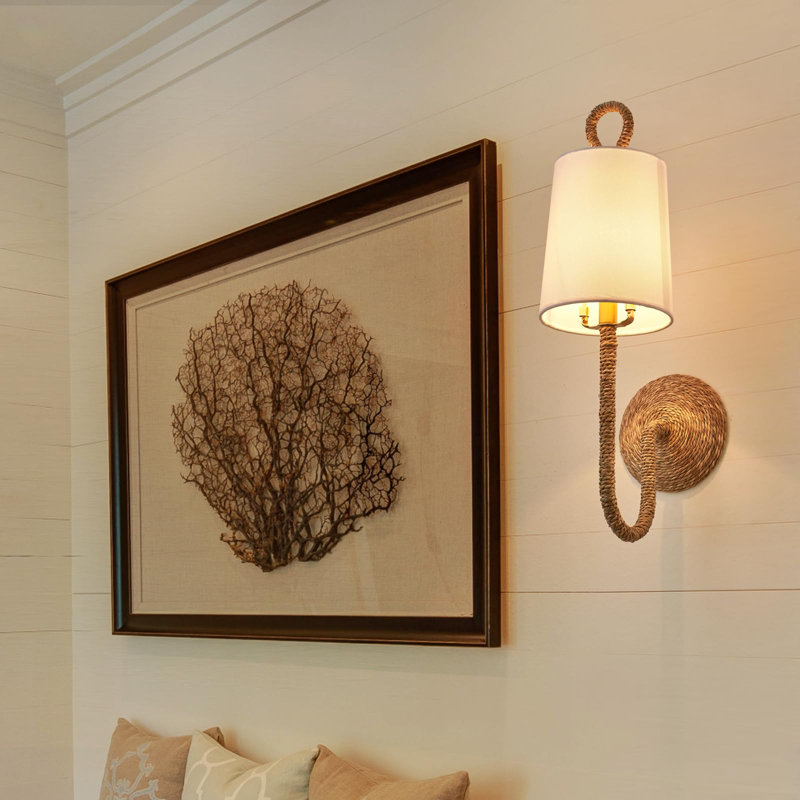 Natural Rattan Wall Sconce Set Of 2, With Boho Woven Wicker And Creamy-White Fabric Shade For Vanity Stairway Fireplace Living Room Bedside Passway Hallway
