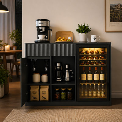 51.2" Modern Fluted Bar Cabinet with Fridge Compartment(Fridge Not Included, Adjustable Shelves & Built-in Power Outlets, Multipurpose Wine Storage Cabinet for Living & Dining Room, Black