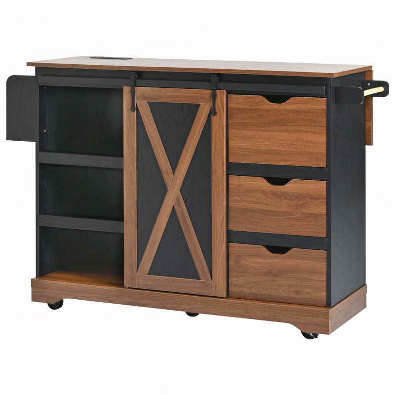 55.5" Farmhouse Kitchen Island with Drop Leaf, Kitchen Storage Island with Barn Door, Power Outlet, Rolling Kitchen Cart on Wheels with Spice Rack, for Home, Kitchen, Dining Room, Black