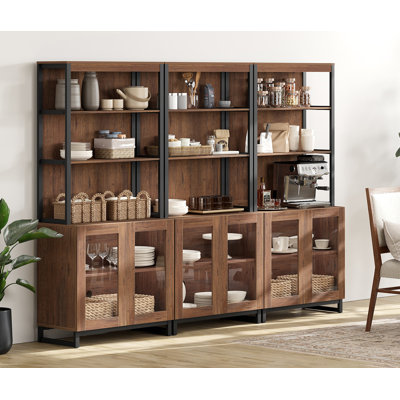3 PCS Modern 72" Sideboard With Glass Doors And Adjustable Shelves, Multifunctional Buffet Cabinet With Storage And Open Shelves For Dining Room Or Kitchen