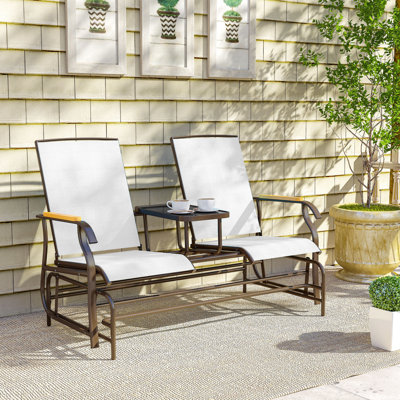 2 Person Outdoor Glider Bench, Patio Swing Glider Chair Loveseat with Breathable Mesh, Table, Steel Frame for Garden, Backyard, Porch