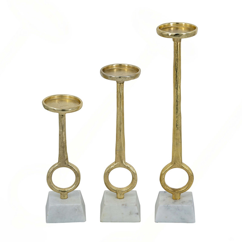 S/3 Gold Metal Pillar Holders with White Marble Base and Open Ring Accent