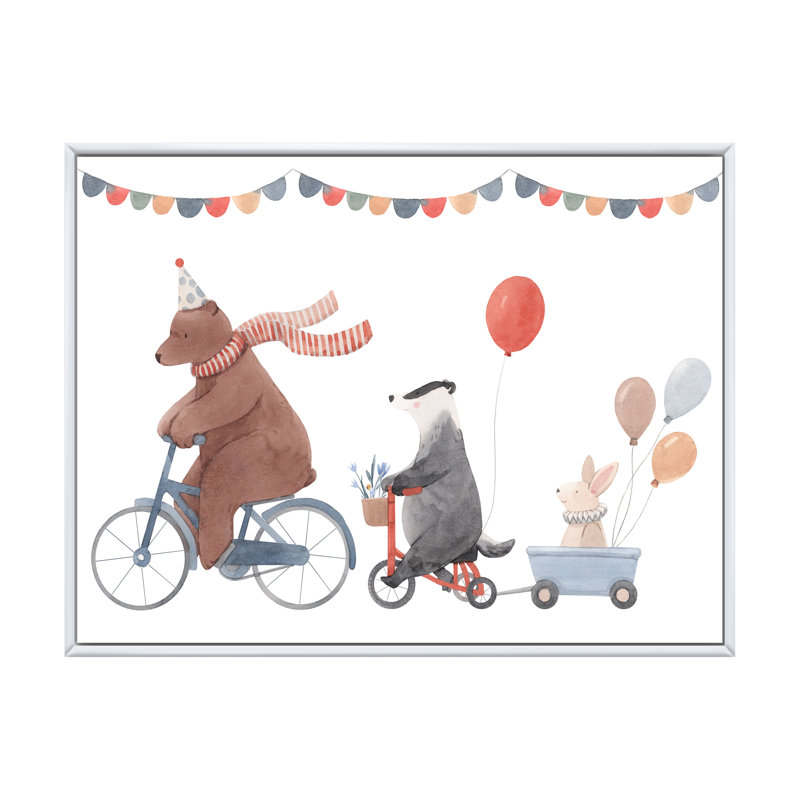 Animaux mignons à bicyclette, H 16 po x l 32 po x P 1 po, Cadre flottant blanc
