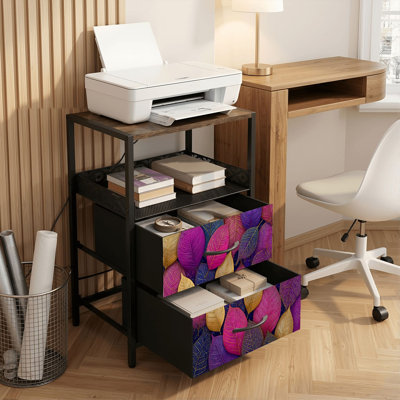 Table de chevet 2 tiroirs avec station de charge, table de chevet pour chambre à coucher avec ports USB, tablette ouverte noire, table de chevet avec feuilles d'automne mauves et élégantes