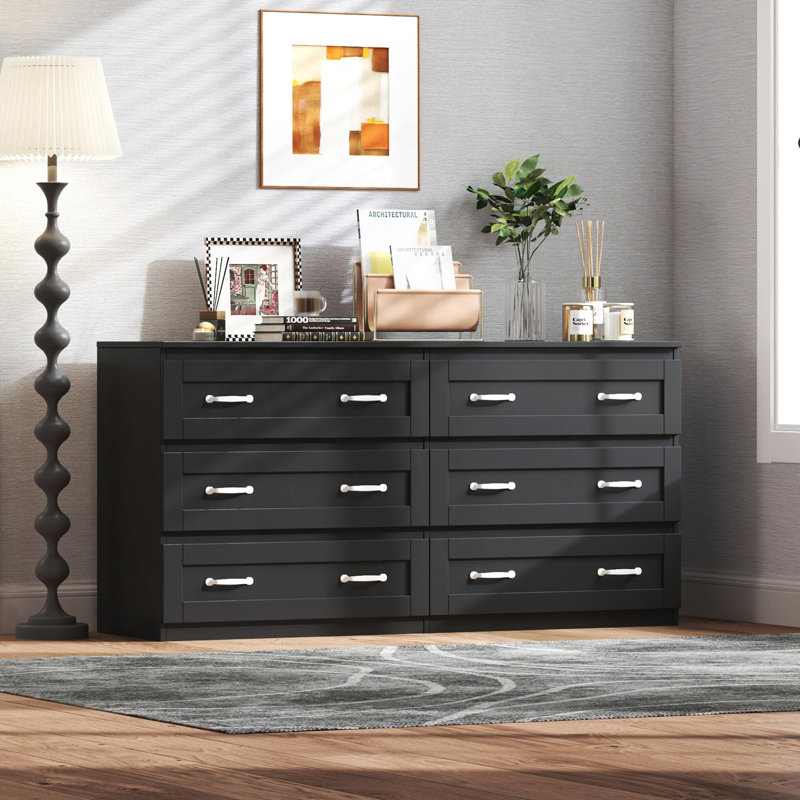 Commode d'appoint moderne avec 6 tiroirs, commode avec poignée en métal, Noir