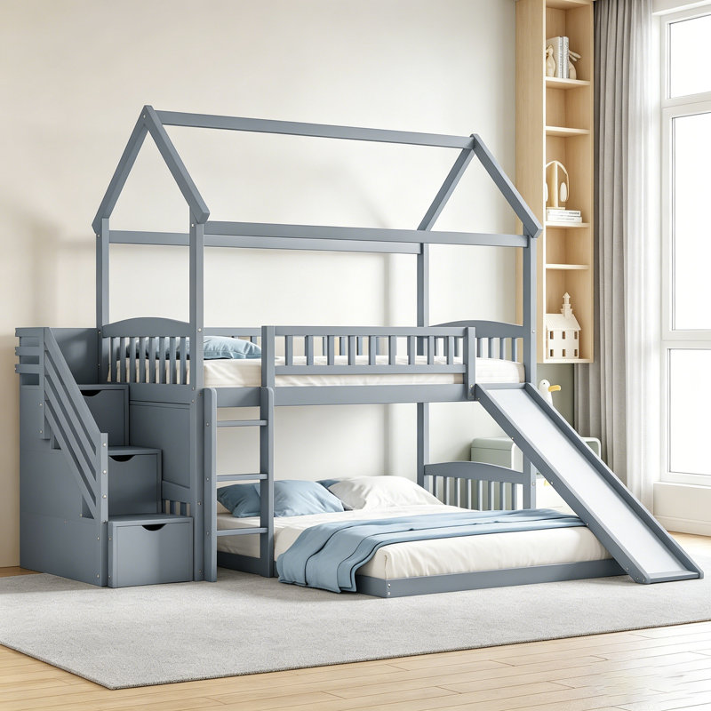 Lit superposé simple au-dessus d'un lit double avec glissade, lit maison pour le plaisir et la sécurité, gris, Gris