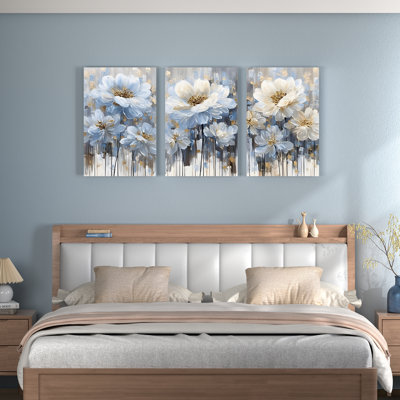 «Blue Floral Abstract», reproduction d'art sur toile tendue sur toile (ensemble de 3)