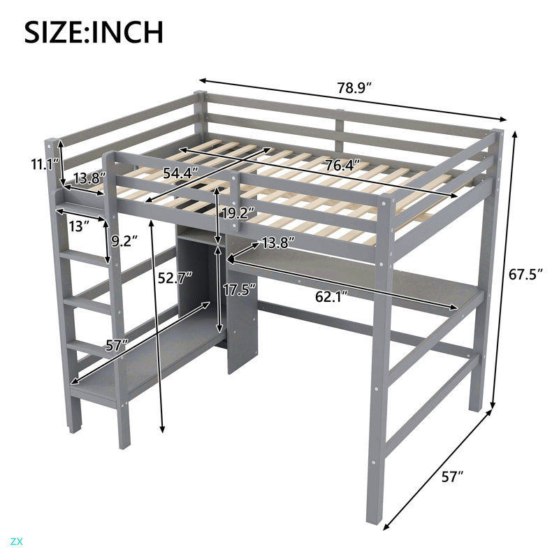 Lit mezzanine double avec tablettes multifonctionnelles et bureau sous le lit, Gris