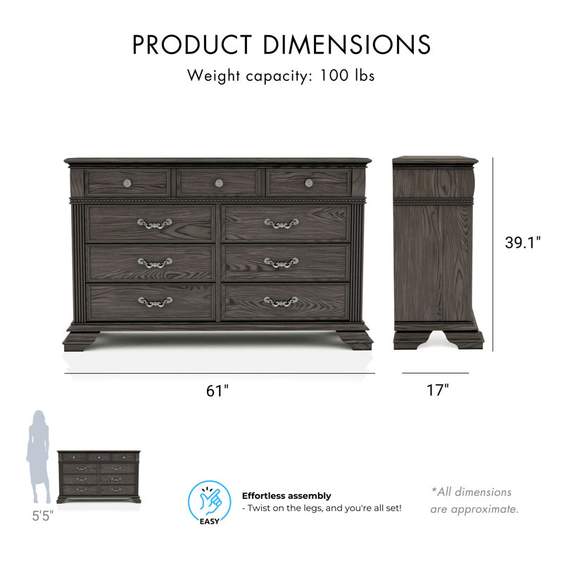Commode 9 tiroirs Adames, Gris