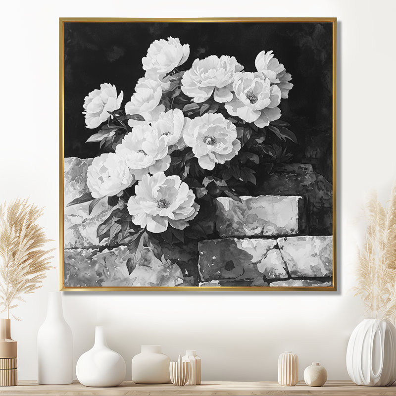 Monochromes pivoines sur le rocher II - pivoines, art mural, H 30 po x l 30 po, Impression encadrée flottante, Doré