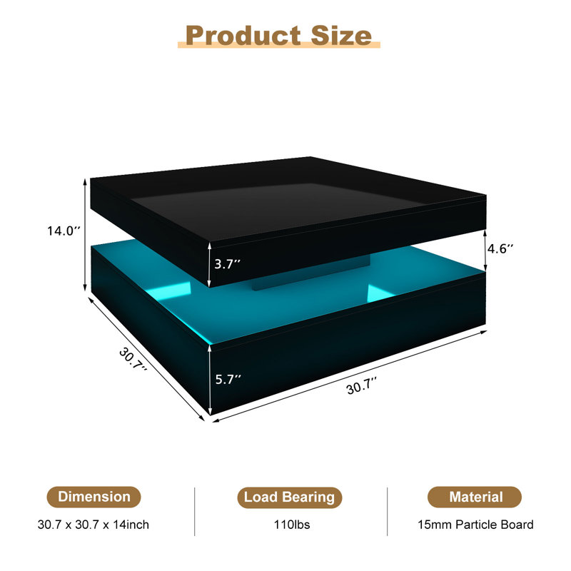 Modern Coffee Table with Adjustable LED Lights Sofa Center Table for Living Room, Glossy Black, 13.7" H x 30.7" L x 30.7" W