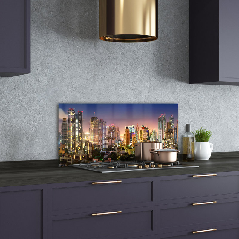 Splashback - Backsplash - Cooker Hob Wall Splashback - Kitchen Wall Panels - Heat Resistant - Toughened/Tempered Safety Real Glass - 100X50cm - Sights & Architecture - Multicoloured - Bangkok By Night