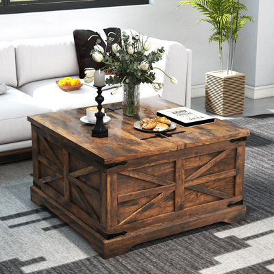 Farmhouse Square Storage Coffee Table with Hinged Lift Top for Living Room
