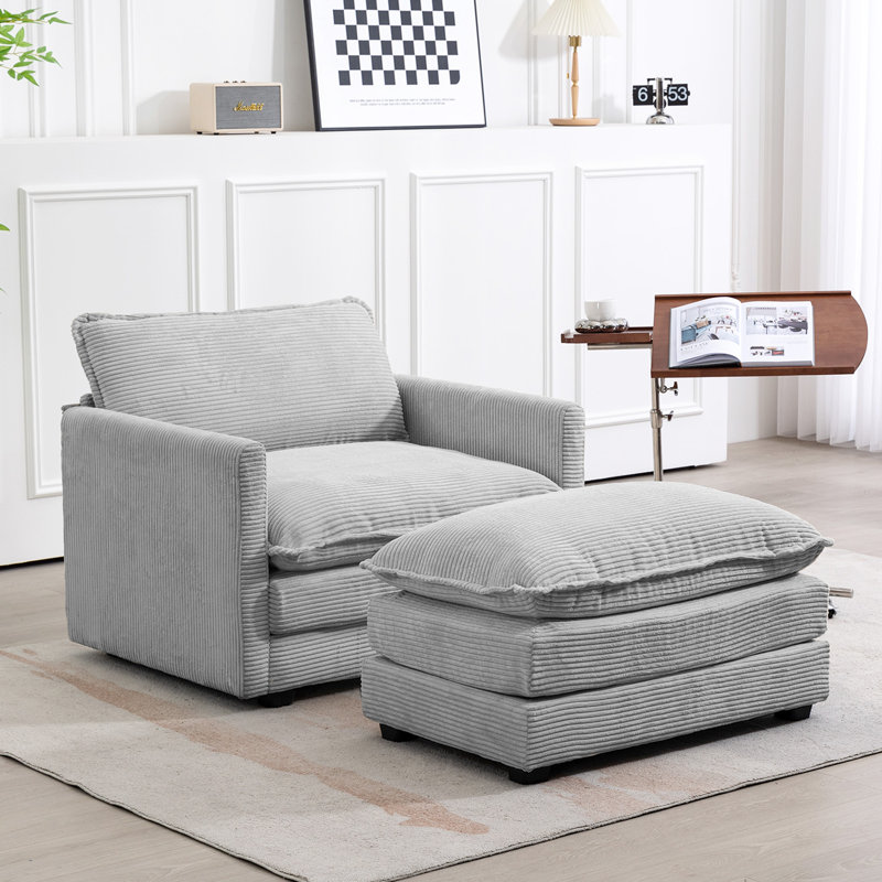 Fauteuil en velours côtelé avec repose-pieds Redenius, Velours côtelé gris