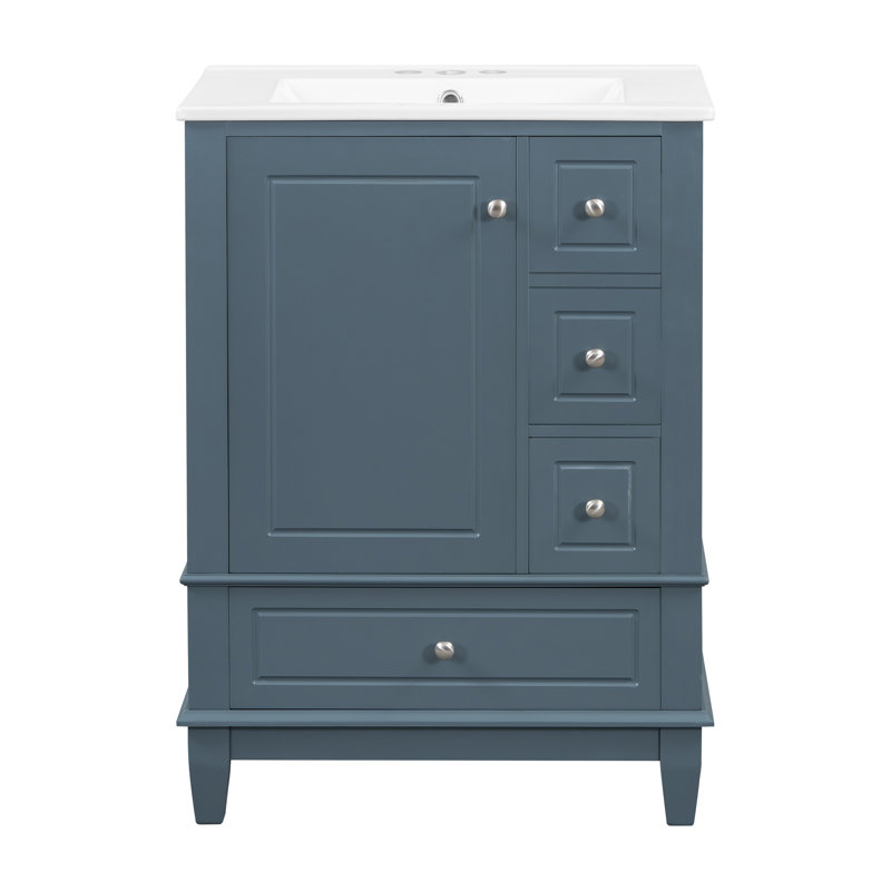 Hutton 24" Freestanding Bathroom Vanity with Ceramic Sink, Drawers & Shelves, Blue Gray