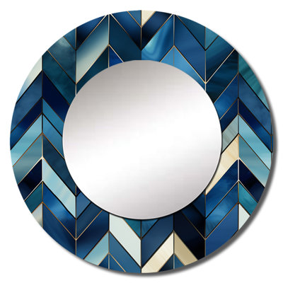 Vintage Cobalt Blue Chevron Geometric - chevron  Mirror, Glam Round Unique Wall Mirror, Printed Metal Art
