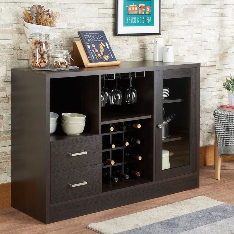Espresso Wood Server with Glass Door and Wine Rack